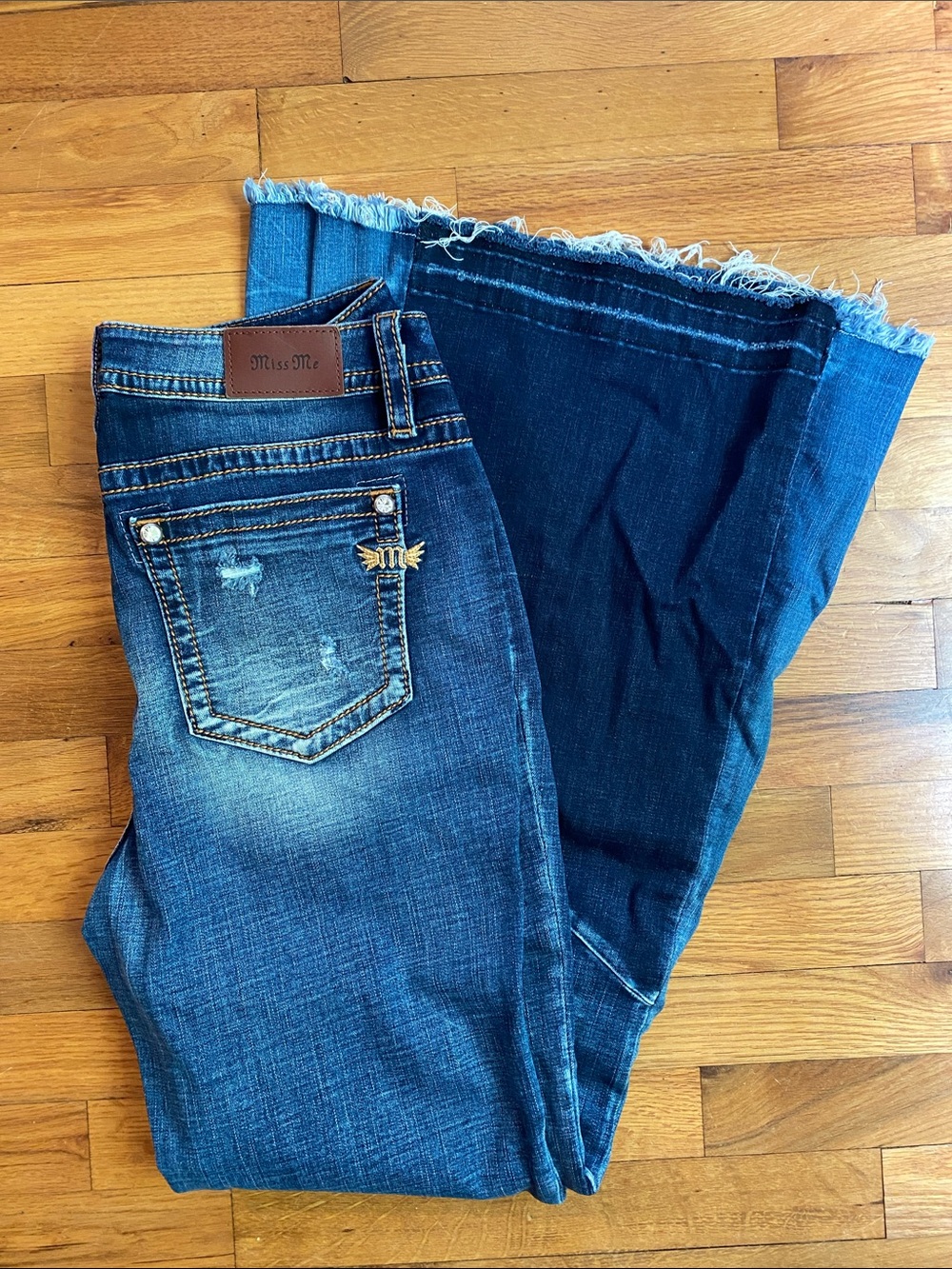 Miss Me Blue Denim Frayed Hem Flare Jeans